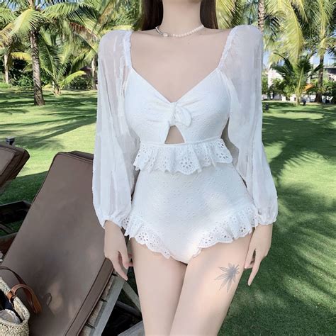 Ready Stock2 Colors Women S Swimsuit One Piece Hot Spring Sexy Long Sleeve Swimwear Holiday