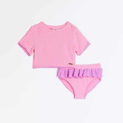 Mini Girls Pink Textured T Shirt Bikini Set River Island