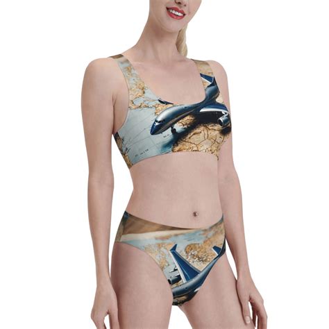 Noikeo Airplane World Map Adventure Pattern Bikini Set For Women Two Piece Swimsuits Low Rise