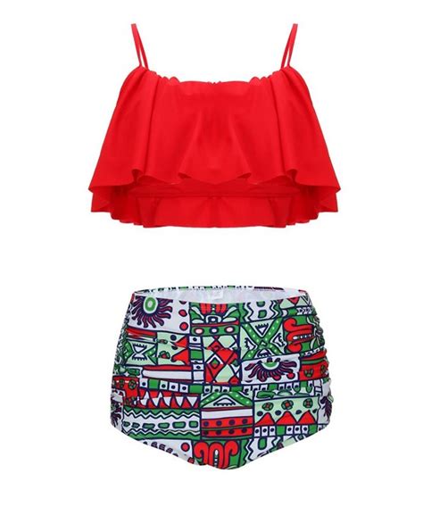 Womens Ruffles Straps Ruched High Waisted Bikini Set Swimsuit Red Cn I Wznz