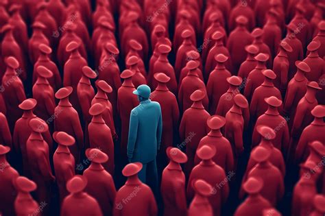Premium Photo A Blue Figure Stands Out In A Crowd Of Red Men