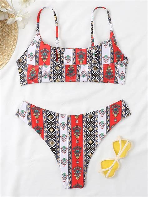 Emmiol Free Shipping Printed Spaghetti Strap Bikini Set Red M In