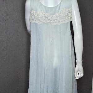 RARE Chiffon Lingerie Baby Blue Sheer White Lace Chemise Nightgown Set Negligee Robe Short