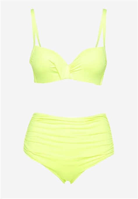 Jasnozielone Bikini Usztywniany Biustonosz na Regulowanych Ramiączkach i Majtki z Wysokim Stanem