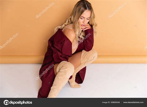Sexy Blonde Model Perfect Skinny Body Huge Boobs Posing Beige Stock Photo Evgennish