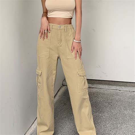 Loose Fit High Waist Cargo Pants Wide Legs High Rise Flap Pockets Non