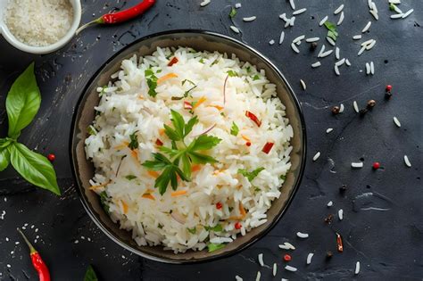 Premium Photo Top View Cooked Rice With Seasonings On Dark Surface