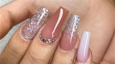 Acrylic Nail Tutorial Long Nude Glitter Youtube