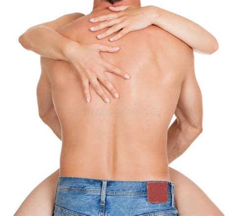 Rear View Of Muscular Naked Man And Female Hands Stock Photo Image Of Boyfriend Pair