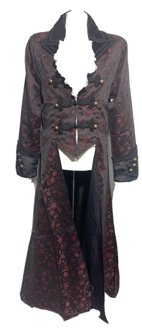 Gothic Steampunk Gothic Maroon Wine Black Brocade Frock Long Coat With Black Lapels With Antique