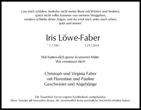 Traueranzeigen von Iris Löwe Faber Trauer in NRW de