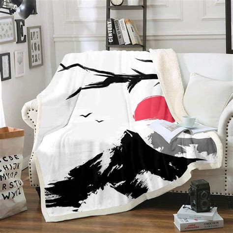 Mount Fuji Blanket Throw Mountain Cherry Branches Red Sun Ink Painting