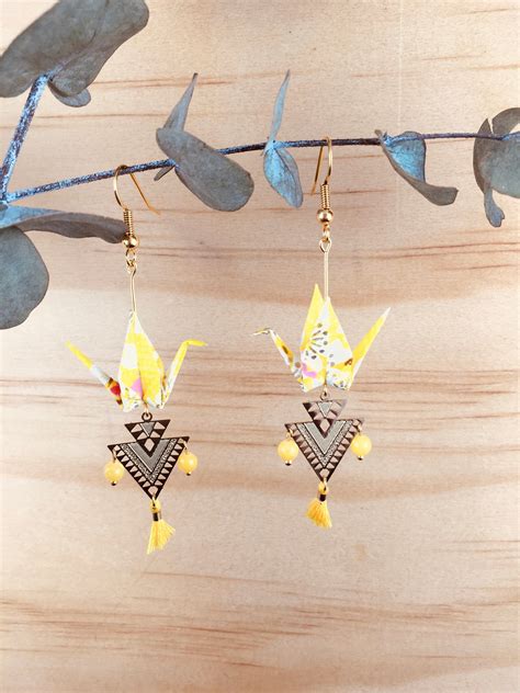 Boucles D Oreilles En Origami Grues En Papier Washi Etsy Grue En