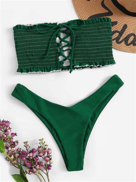Sheinshein Smocked Lace Up Bandeau With High Cut Bikini High Cut Bikini Bikini Set Bikini