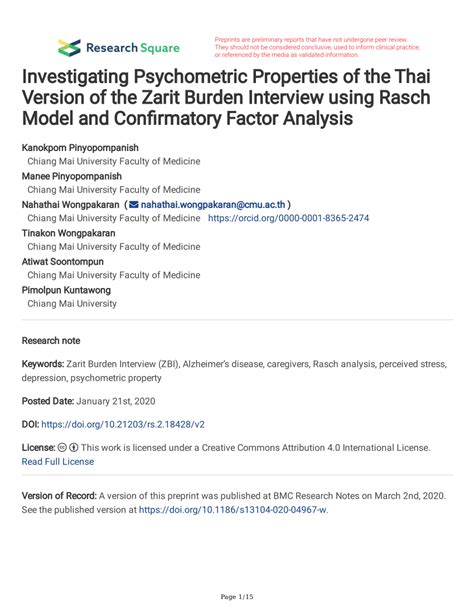 Pdf Investigating Psychometric Properties Of The Thai Version Of Zarit Burden Interview Using