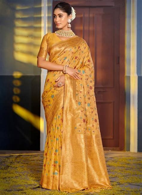 Buy Yellow Banarasi Silk Festival Wear Weaving Saree Online From