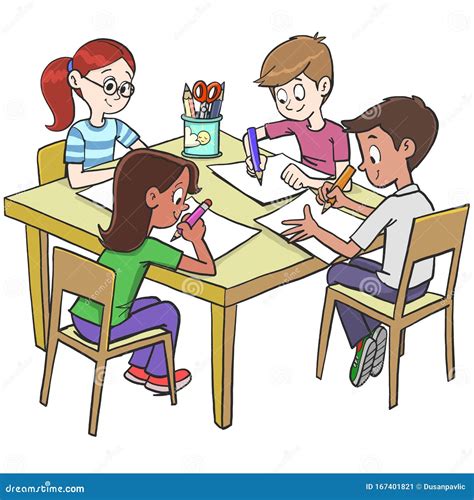 Team Children Drawing and Writing in Class at School Stock Illustration ...