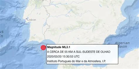 Sismo de 3 1 registado a 55 quilómetros a sul sudoeste de Olhão