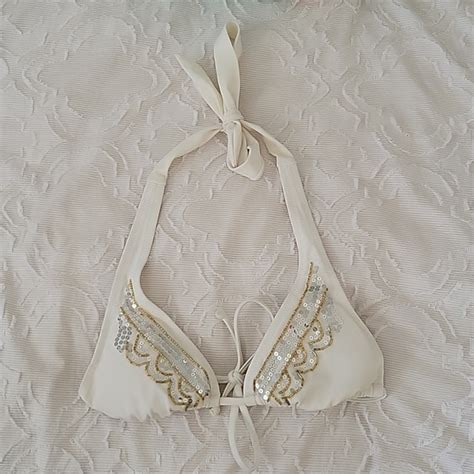 H M Swim Nwot Hm White Halter Bikini Top With Gold And Silver