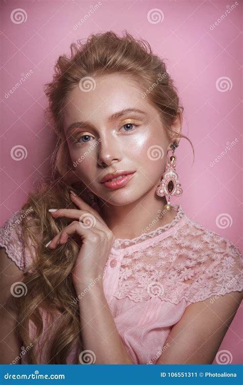 Beauty Gentle Glamour Woman Portrait Brunette Long Hair Collected With Nude Style On Pink