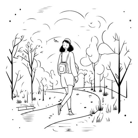 Mujer joven caminando en el parque de otoño Ilustración vectorizada