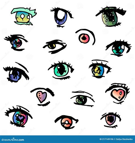 Set of Different Hand Drawn Anime Doodle Eyes Gradient Design Stock ...