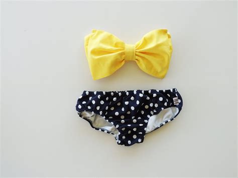 Sunshine Bow Bandeau Bikini Style Top Navy Blue And White Polka Dot Panties Diva Halter Neck Top