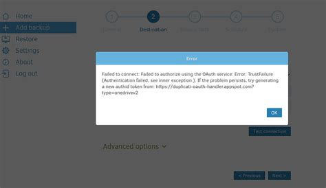 Onedrive has been unable to pass verification - Duplicati
