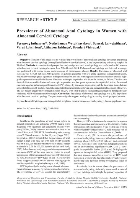 PDF Prevalence Of Abnormal Anal Cytology In Women With Abnormal Cervical Cytology