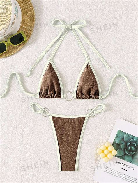 SHEIN Swim SXY Conjunto De Bikini De Bloques De Color Con Conector De Anillo Para Mujeres