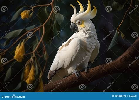 Yellow Crested Cockatoo Standing On A Tree Branch Gracefully