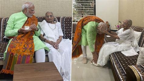 Pm Narendra Modi Meets His Mother Heeraben Modi In Gandhinagar Takes