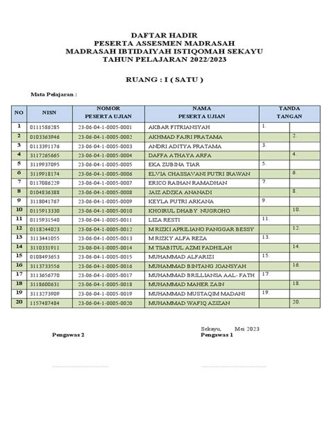 Daftar Hadir Siswa Ujian 2023 Pdf