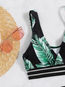 Tropical Print Contrast Mesh Bikini Set Wireless Bra Top High Waist Bikini Bottom Piece