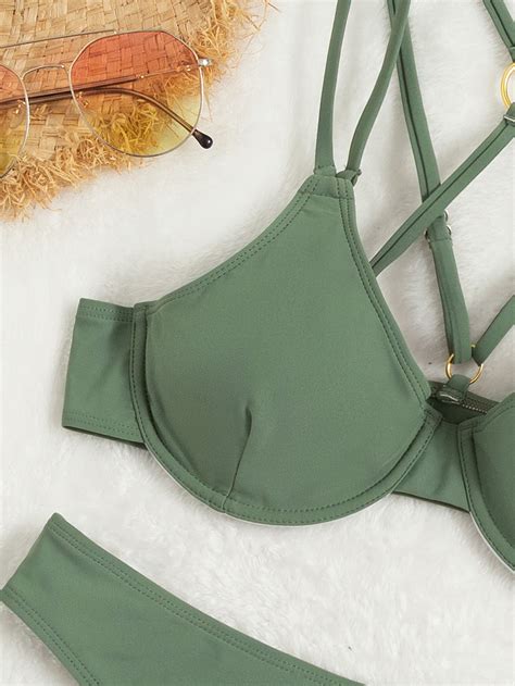 O Ring Detail Criss Cross Underwire V String Bikini Swimsuit Shein