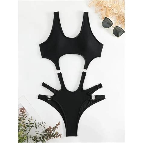 Jual Black Punk Bikini Rings Sexy Bandage Luxury Swimsuit Cut Out Micro Bikinis Extrem Push Up