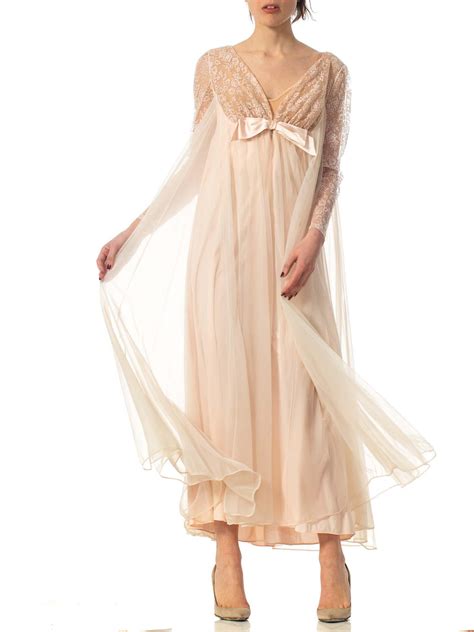 1960S Nude Nylon Chiffon Jersey Romantic Negligee House Dress With Sleeves For Sale At 1stDibs