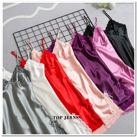 Jual Baju Tidur Lingerie Wanita Sexy Renda Bahan Satin Baju Gaun Mini Deep V Silk Woman