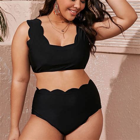 Large Size Swim Suit Wholesale Sexy Black Solid Wave Lace Swimwear Bikini Lanyard High Waist