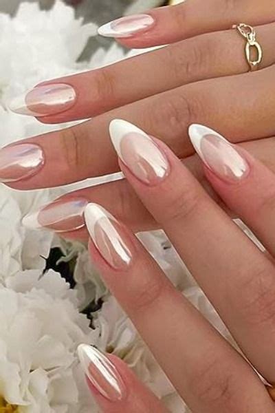 YOSOMK French Tip Press On Nails Almond Medium Fake Nails With Chrome Designs Glossy Nude False