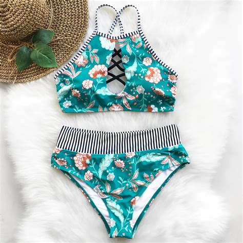 Cupshe Flashing Spray Print Bikini Set High Waisted Swimsuit Beach Bathing Suit With Lace Up