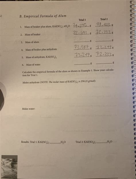 52 B Empirical Formula Of Alum Trial 1 Trial 2 2 Chegg