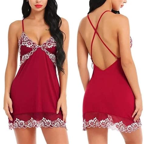 Ensemble De Lingerie Sexy En Satin Et Dentelle Nuisette Érotique Costumes Exotiques red 4
