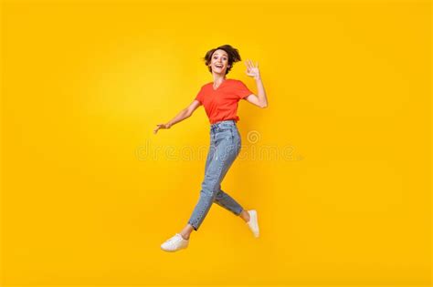 Full Size Profile Photo Of Hooray Brunette Short Hairdo Lady Jump Wave Hand Wear T Shirt Jeans