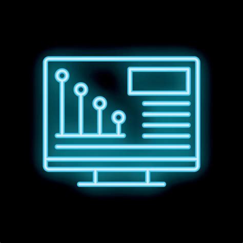 Neon Blue Desktop Computer Showing Decreasing Graph Icon On Black