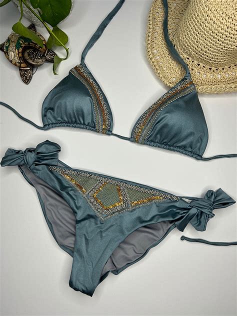 Two Piece Bikini Set Triangle Top Cheeky And Bottom Tie Straps Etsy