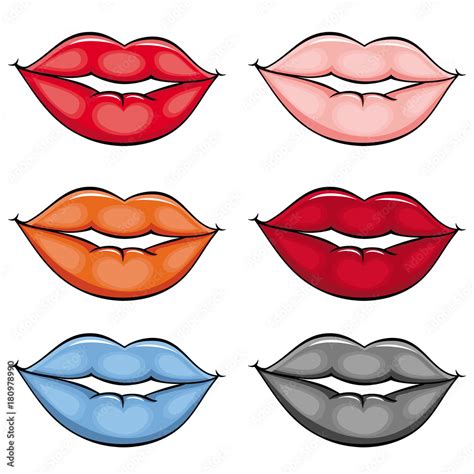 vector cartoon sketch woman girl lips with different pomade color set ...