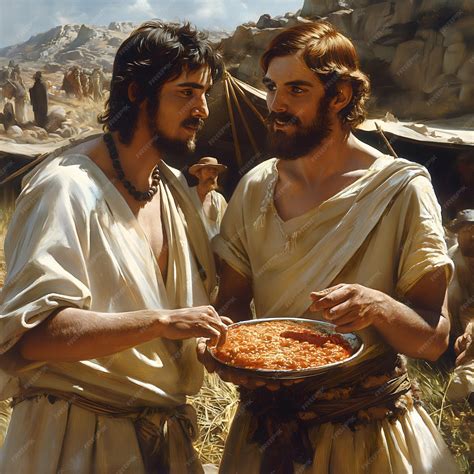 Biblical illustration Esau Sells His Birthright to Jacob for a Plate of