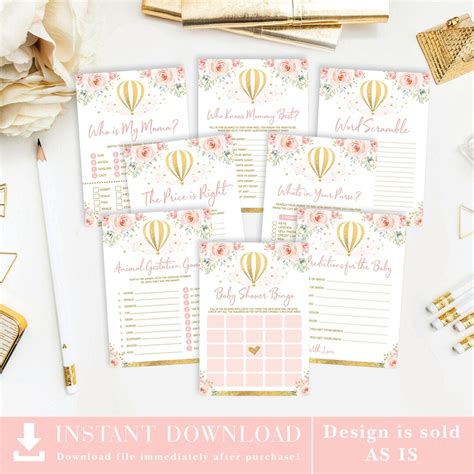 Hot Air Balloon Baby Shower GAMES PACKAGE X Pink And Gold Adventure