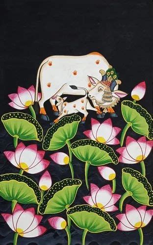 Pichwai Cow And Calf In Lotus Pond Wall Art Hand Painted Traditional